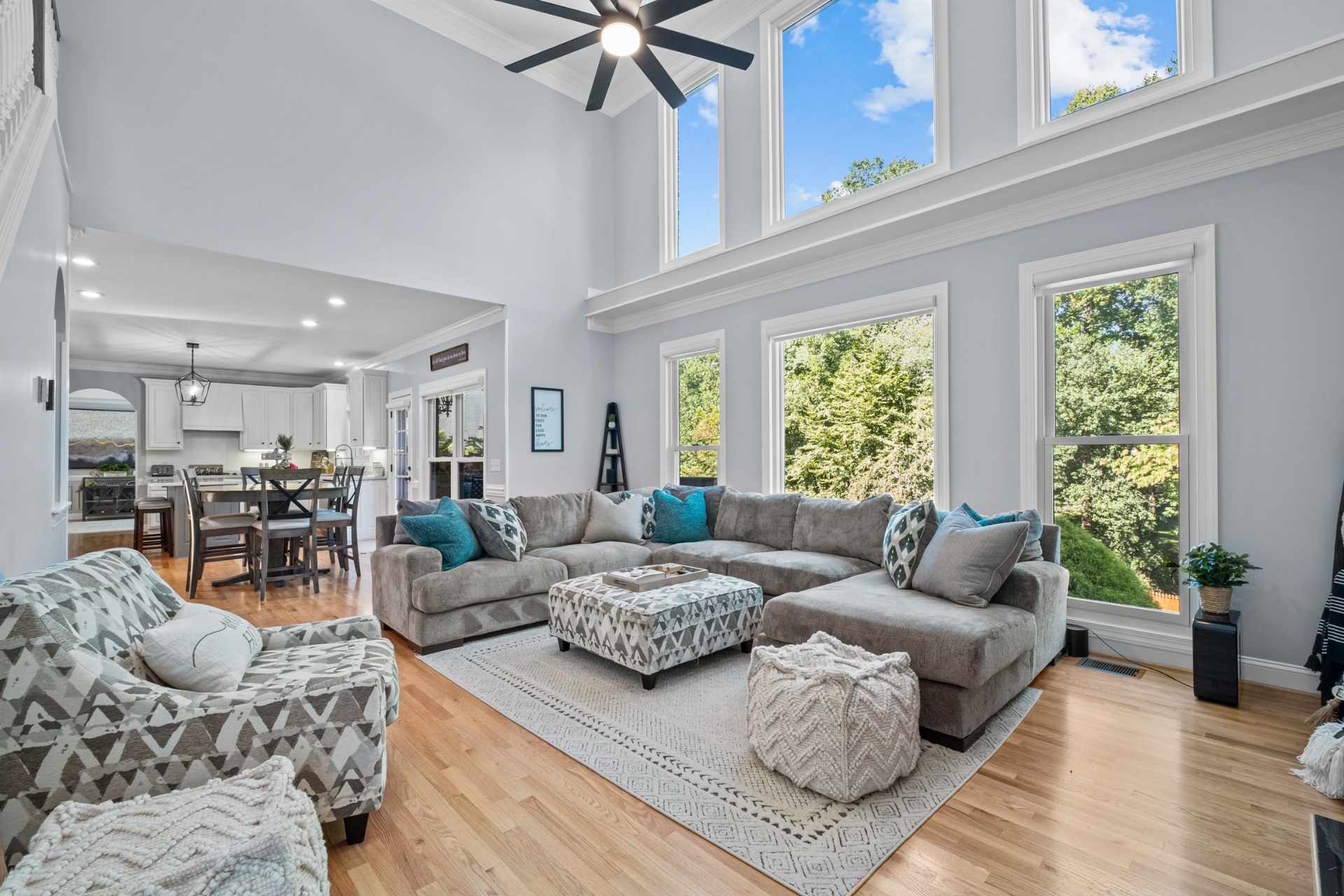 Bright great room with vaulted ceiling